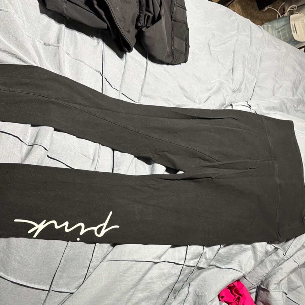 Black Leggings With White Colored VS Pink Logo